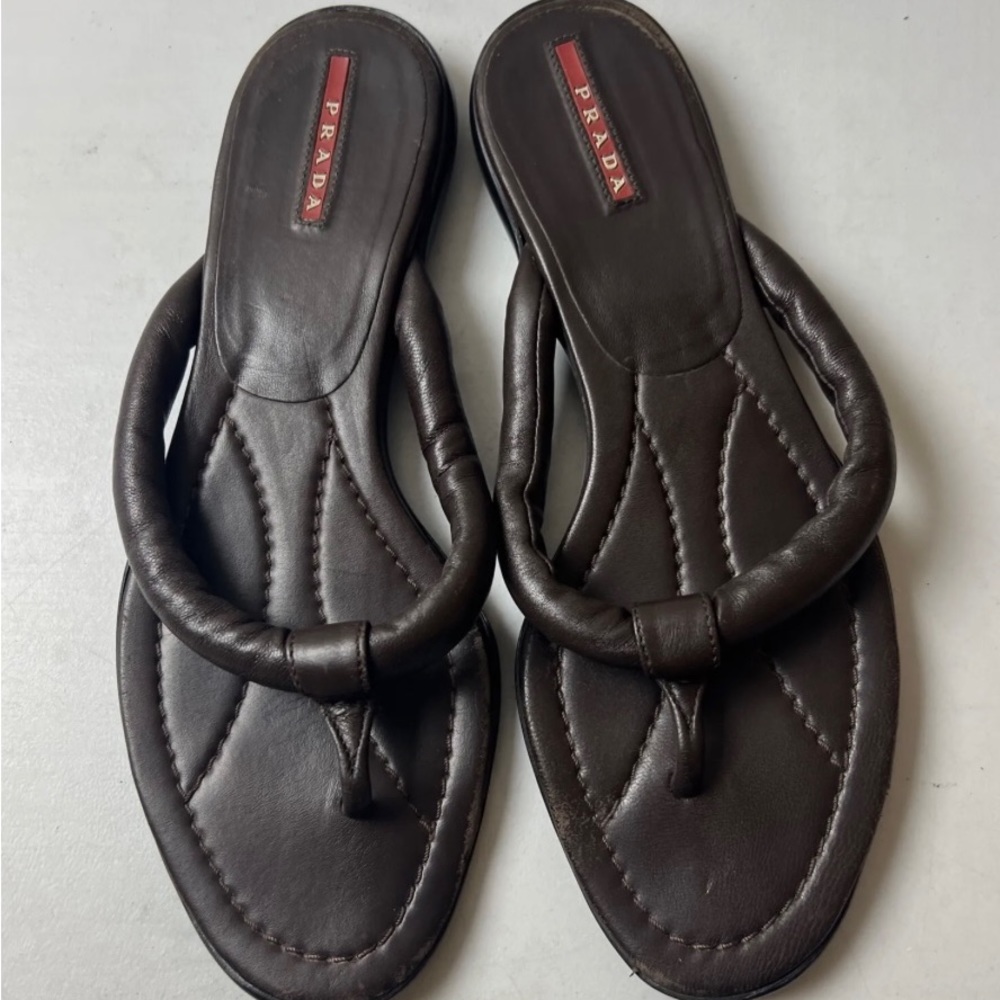 Prada Brown Leather Flip Flop Thong Sandals in size 37.5